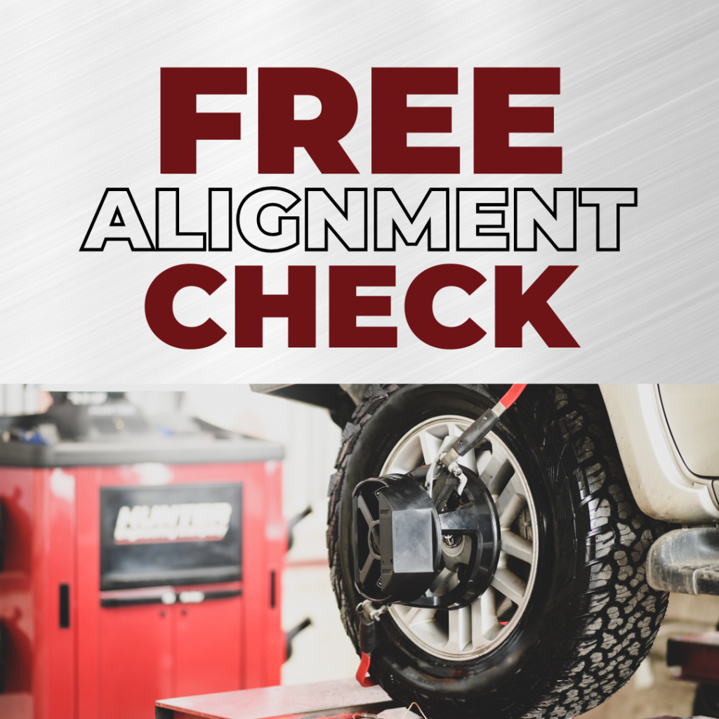 Ad with the words "Free Alignment Check" showing a car brake alignment in an shop for auto repair in Gaithersburg