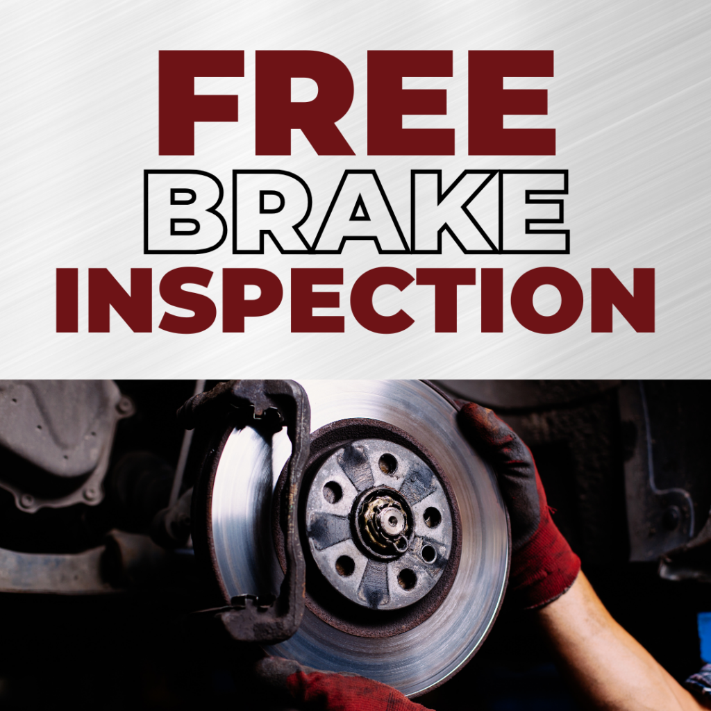 Ad with the words Free Brake Inspection showing hands inspecting a tire brake